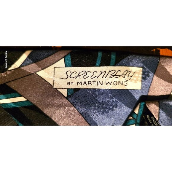 Vintage Necktie Screenplay Martin Wong Silk Geometric Abstract Blue Black Beige - Picture 2 of 8